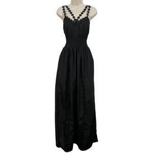 Zoe women’s smocked sun dress floral appliqué maxi black size S 100% cotton slit